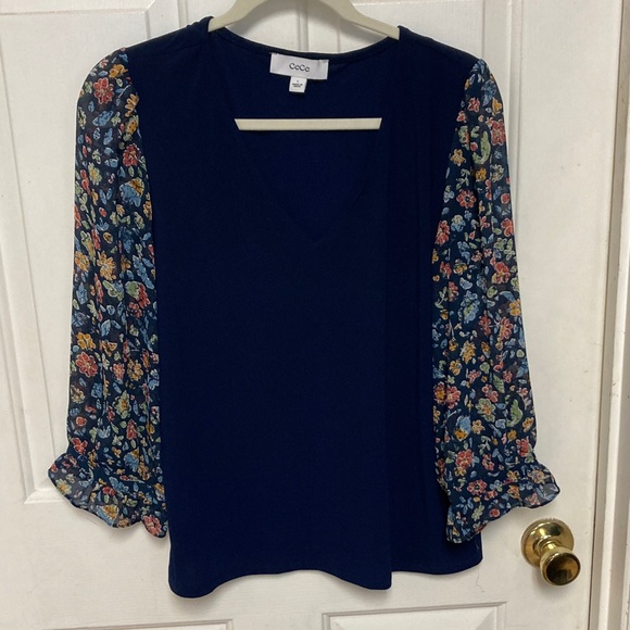 CeCe Tops - CeCe Dark Blue Top with Sheer Floral Sleeves